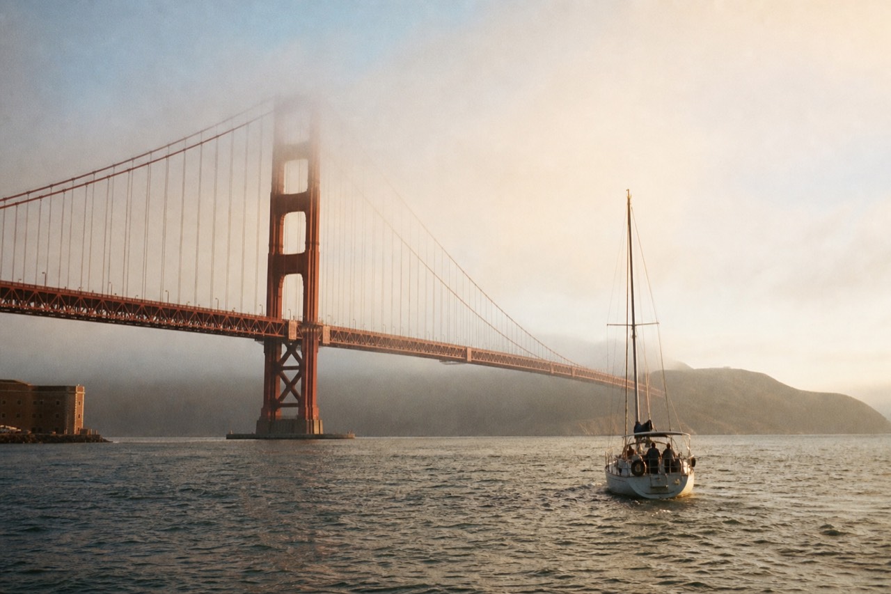 A narrated sightseeing boat motoring past the low island of Alcatraz under a cloudy sky, the old cell-house block and water tower pale across choppy grey water.