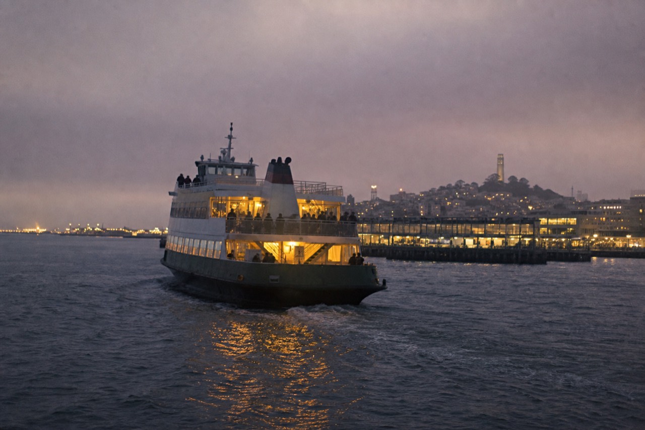 A white sightseeing boat passing directly beneath the towering rust-red span of the Golden Gate Bridge, deck passengers looking up, the open ocean bright beyond the towers.