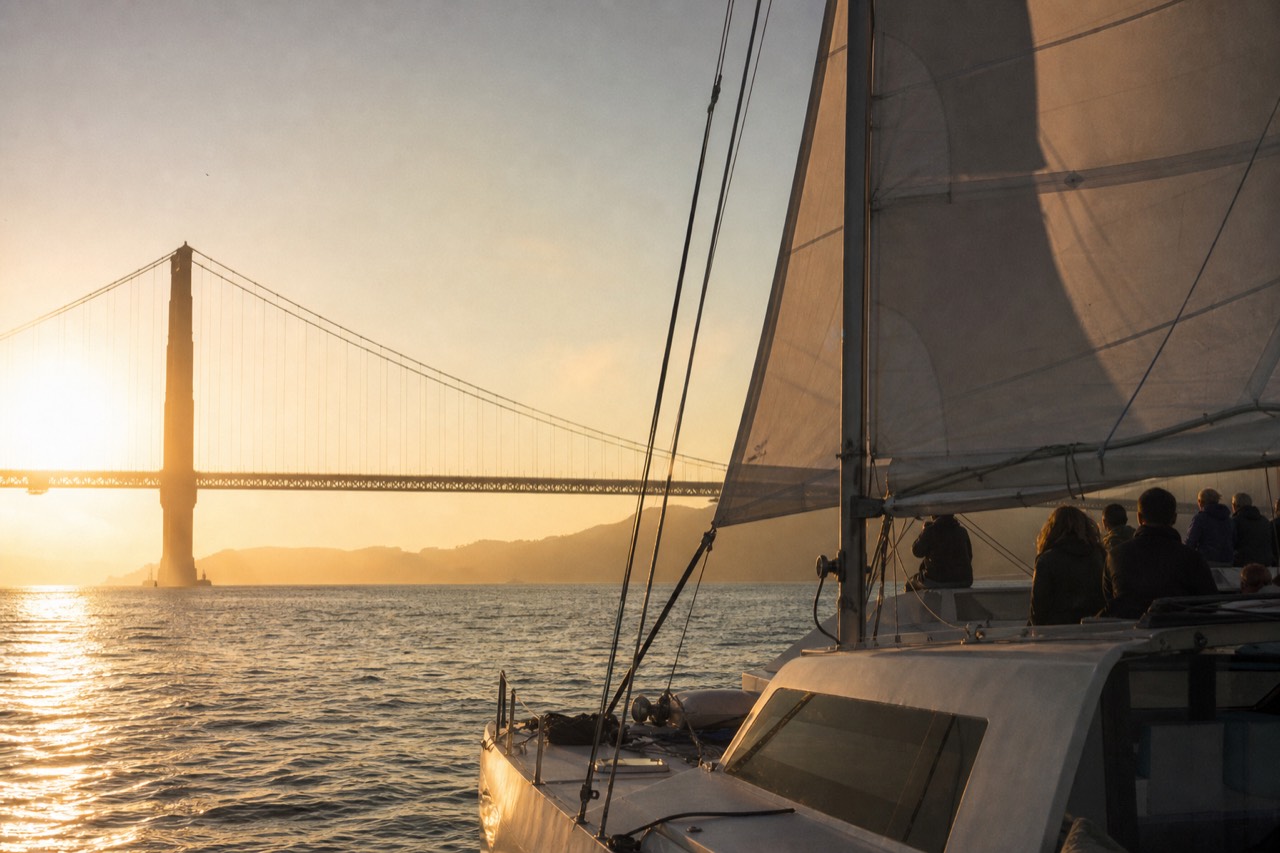 The Golden Gate Bridge in silhouette against a deep orange sunset sky, seen distant from a boat on the bay with dark water in the foreground.