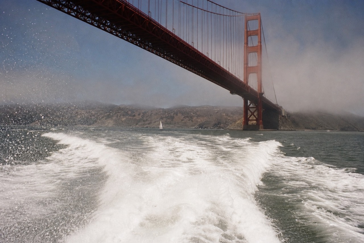 Two white sightseeing boats passing on the open bay in bright afternoon light, passengers along the rails, the low city skyline stretched pale along the far shore.