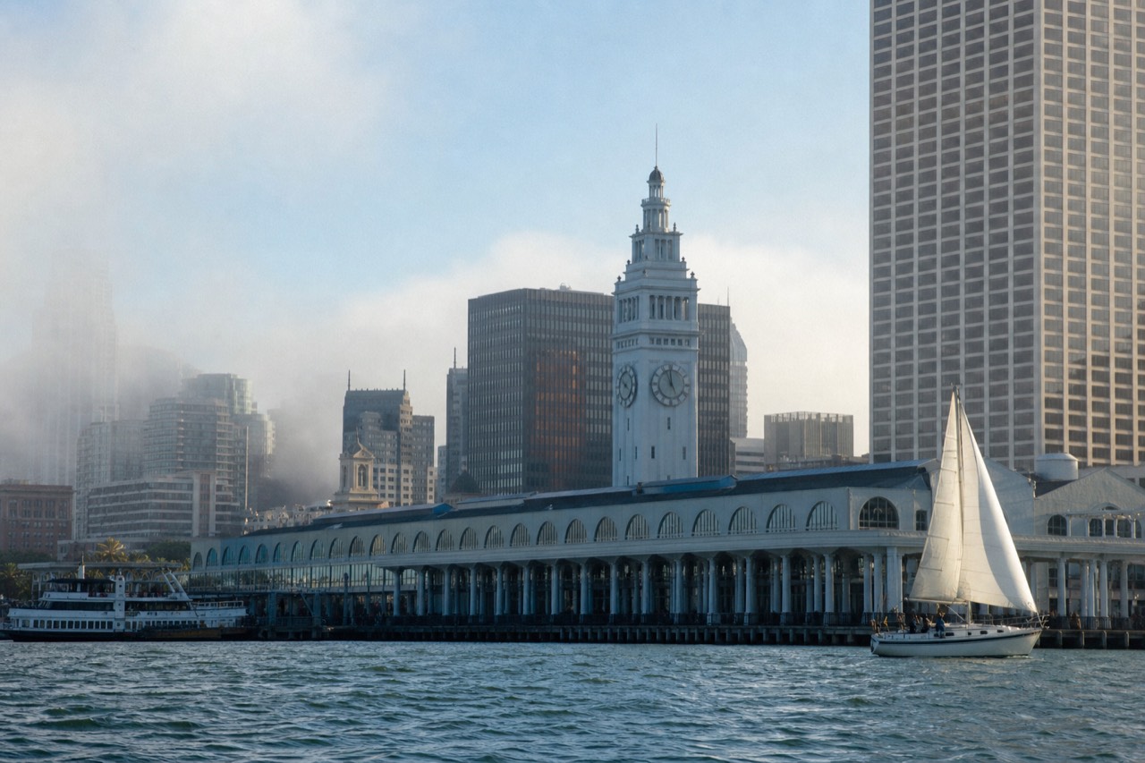 The Ferry Building clock tower rising over the Embarcadero seen from the water, commuter boats at the pilings and pale morning light washing the pale stone facade.